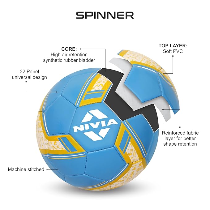 Nivia Spinner Football (ARGENTINA) Machine Stitched/32 Panel/Ball for Hobby, Recreational, Training, Beginner/Soccer Ball/Football Size - 5 (Multicolour)