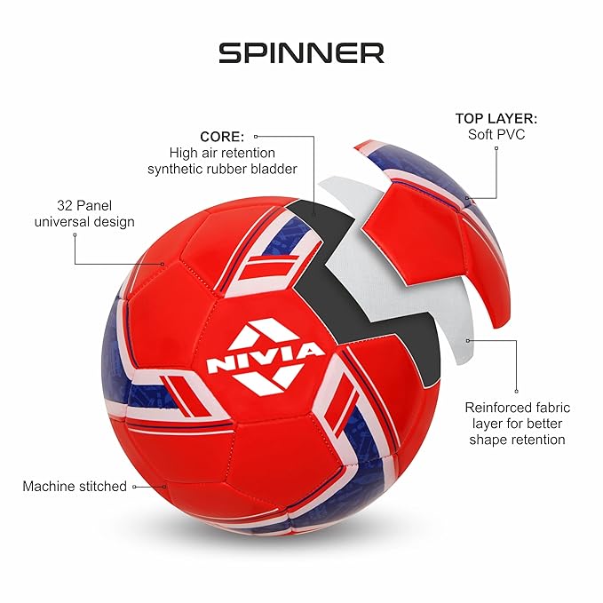 Nivia Spinner Football (England) Machine Stitched/32 Panel/Ball for Hobby, Recreational, Training, Beginner/Soccer Ball/Football Size - 5 (Multicolour)