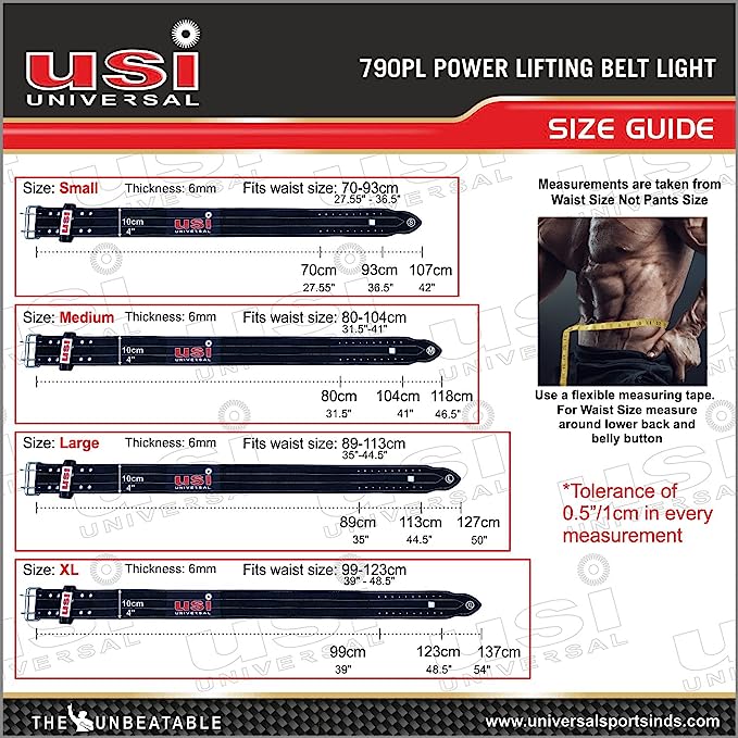 USI UNIVERSAL THE UNBEATABLE Power Lifting Belt, 790PL (Light 6mm Thick Leather, Black, Medium)