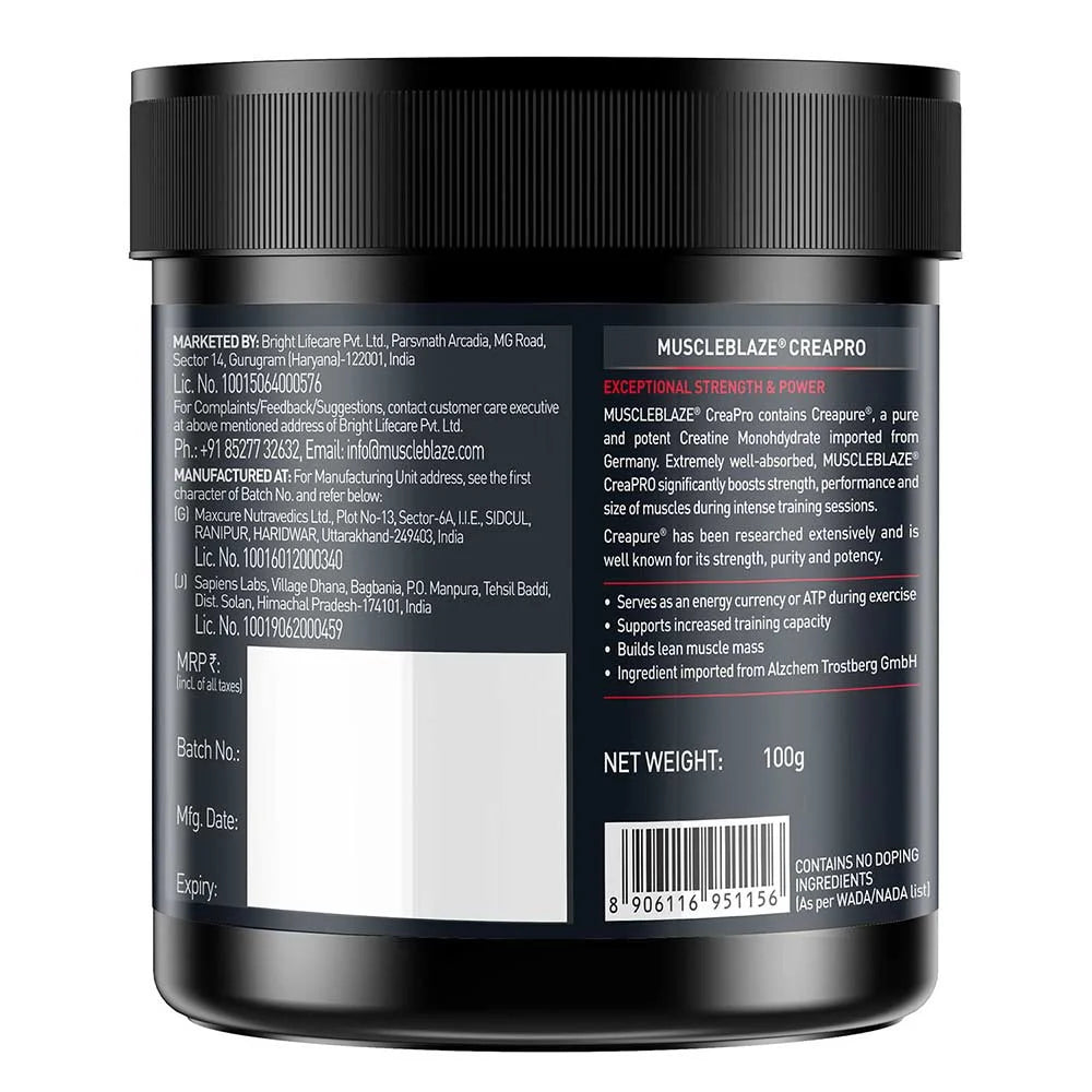 MuscleBlaze CreaPRO Creatine with Creapure® Powder from Germany, 100 g (0.22 lb)